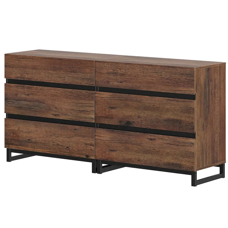Bahut/Meuble de rangement moderne, 6 tiroirs, grain de bois de noyer, bois d'ingénierie, base en métal, 79 kg, poignées dissimulées, marron
