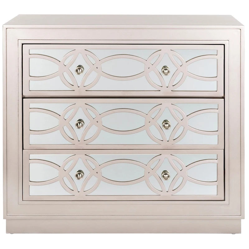 Commode de rangement à 3 tiroirs avec fond miroir, motif guilloché, style Art déco, 81 cm L x 41 cm P x 74 cm H, chêne rustique couleur champagne
