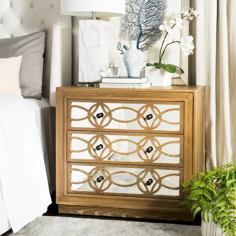 Commode de rangement à 3 tiroirs avec fond miroir, motif guilloché, style Art déco, 81 cm L x 41 cm P x 74 cm H, chêne rustique couleur champagne