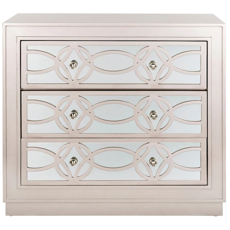 Commode de rangement à 3 tiroirs avec fond miroir, motif guilloché, style Art déco, 81 cm L x 41 cm P x 74 cm H, chêne rustique couleur champagne