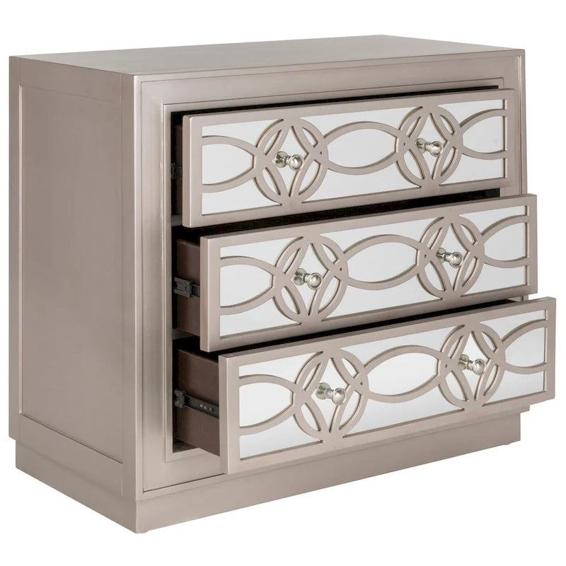 Commode de rangement à 3 tiroirs avec fond miroir, motif guilloché, style Art déco, 81 cm L x 41 cm P x 74 cm H, chêne rustique couleur champagne