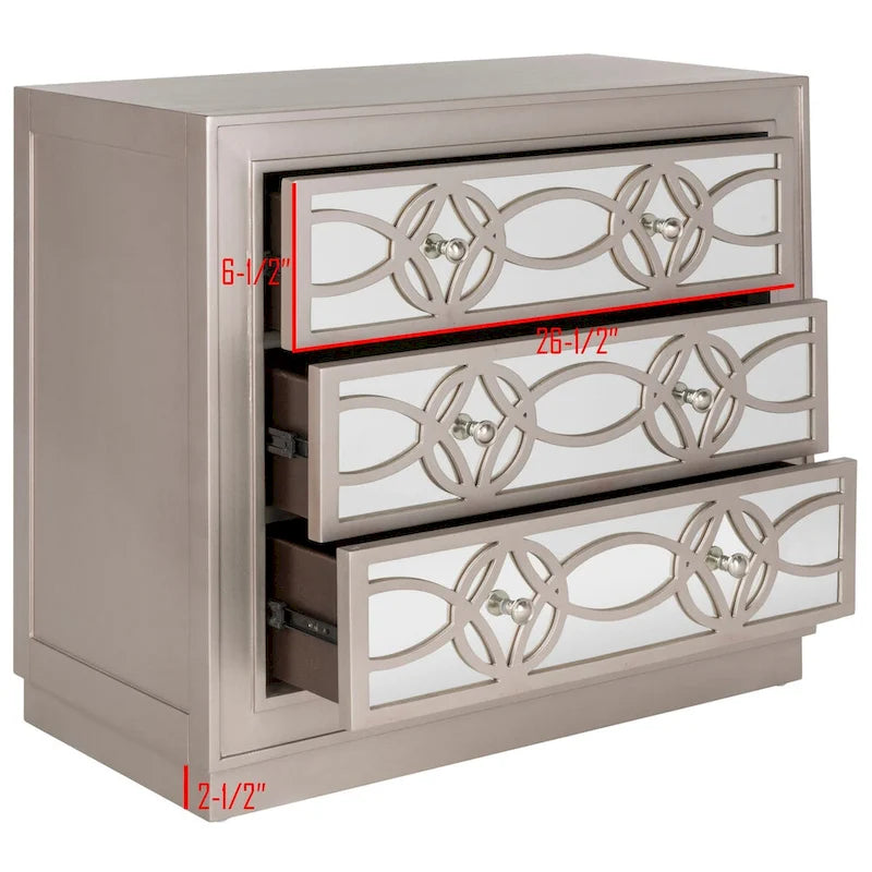 Commode de rangement à 3 tiroirs avec fond miroir, motif guilloché, style Art déco, 81 cm L x 41 cm P x 74 cm H, chêne rustique couleur champagne