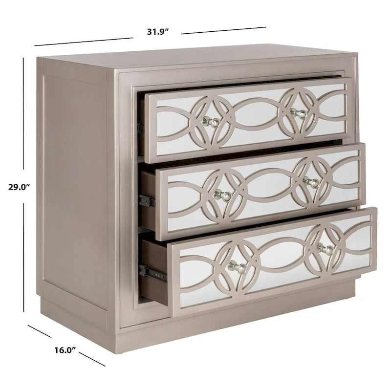 Commode de rangement à 3 tiroirs avec fond miroir, motif guilloché, style Art déco, 81 cm L x 41 cm P x 74 cm H, chêne rustique couleur champagne