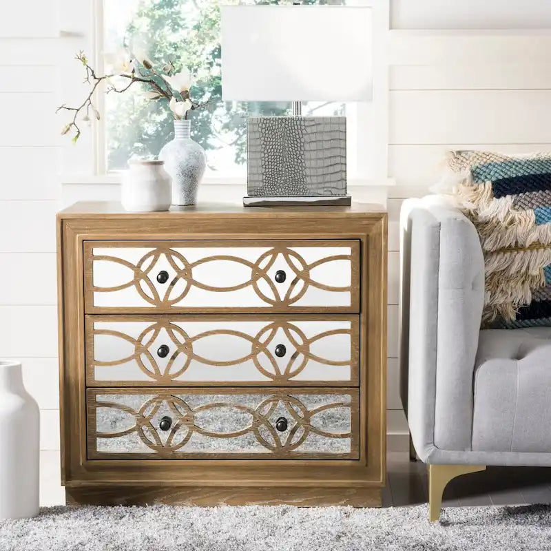 Commode de rangement à 3 tiroirs avec fond miroir, motif guilloché, style Art déco, 81 cm L x 41 cm P x 74 cm H, chêne rustique couleur champagne