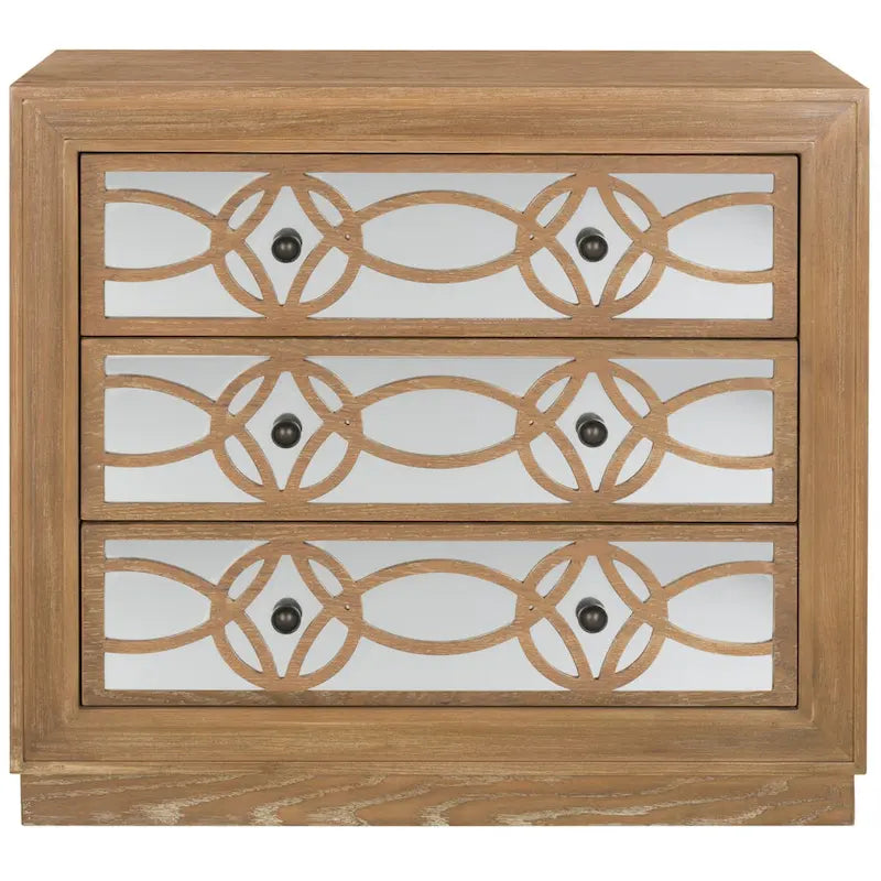 Commode de rangement à 3 tiroirs avec fond miroir, motif guilloché, style Art déco, 81 cm L x 41 cm P x 74 cm H, chêne rustique couleur champagne