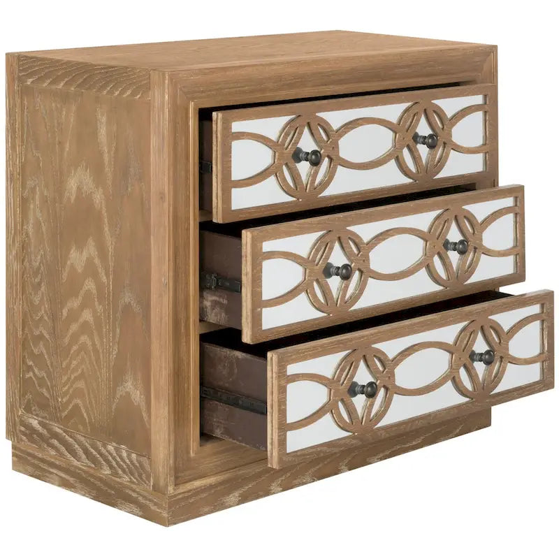Commode de rangement à 3 tiroirs avec fond miroir, motif guilloché, style Art déco, 81 cm L x 41 cm P x 74 cm H, chêne rustique couleur champagne
