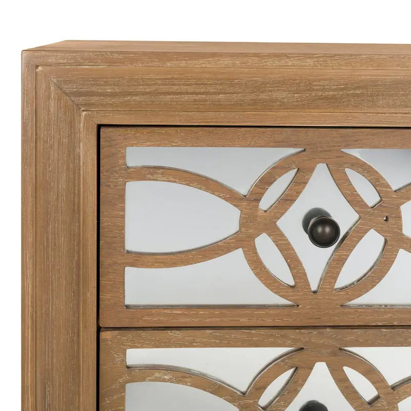 Commode de rangement à 3 tiroirs avec fond miroir, motif guilloché, style Art déco, 81 cm L x 41 cm P x 74 cm H, chêne rustique couleur champagne