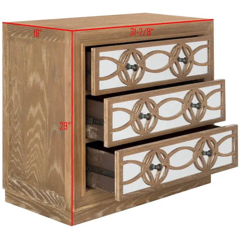Commode de rangement à 3 tiroirs avec fond miroir, motif guilloché, style Art déco, 81 cm L x 41 cm P x 74 cm H, chêne rustique couleur champagne