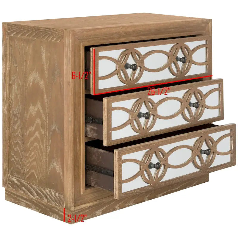 Commode de rangement à 3 tiroirs avec fond miroir, motif guilloché, style Art déco, 81 cm L x 41 cm P x 74 cm H, chêne rustique couleur champagne