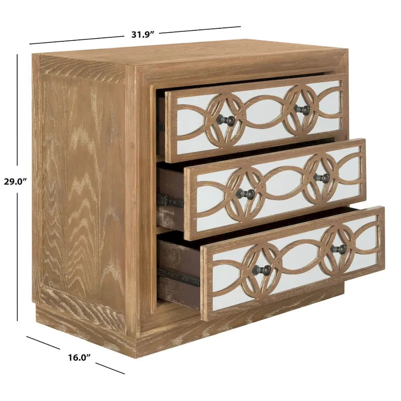 Commode de rangement à 3 tiroirs avec fond miroir, motif guilloché, style Art déco, 81 cm L x 41 cm P x 74 cm H, chêne rustique couleur champagne