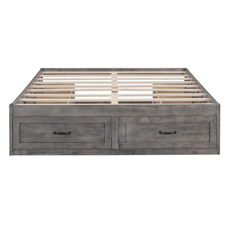 Lit plateforme Queen avec 6 tiroirs de rangement sans tête de lit LVL+MDF 650 lb Minimaliste Moderne Gris Antique Blanc Naturel