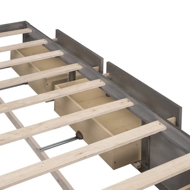 Lit plateforme Queen avec 6 tiroirs de rangement sans tête de lit LVL+MDF 650 lb Minimaliste Moderne Gris Antique Blanc Naturel