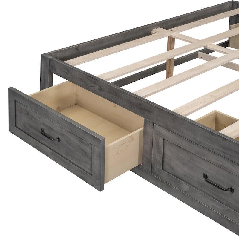 Lit plateforme Queen avec 6 tiroirs de rangement sans tête de lit LVL+MDF 650 lb Minimaliste Moderne Gris Antique Blanc Naturel