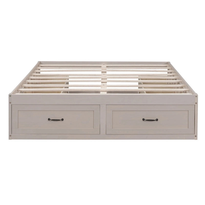 Lit plateforme Queen avec 6 tiroirs de rangement sans tête de lit LVL+MDF 650 lb Minimaliste Moderne Gris Antique Blanc Naturel