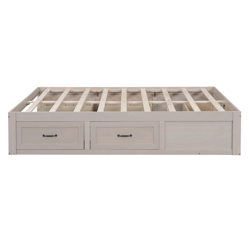 Lit plateforme Queen avec 6 tiroirs de rangement sans tête de lit LVL+MDF 650 lb Minimaliste Moderne Gris Antique Blanc Naturel