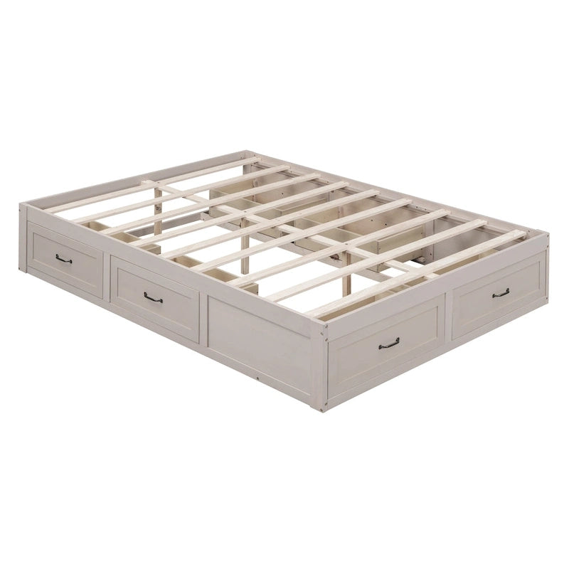 Lit plateforme Queen avec 6 tiroirs de rangement sans tête de lit LVL+MDF 650 lb Minimaliste Moderne Gris Antique Blanc Naturel