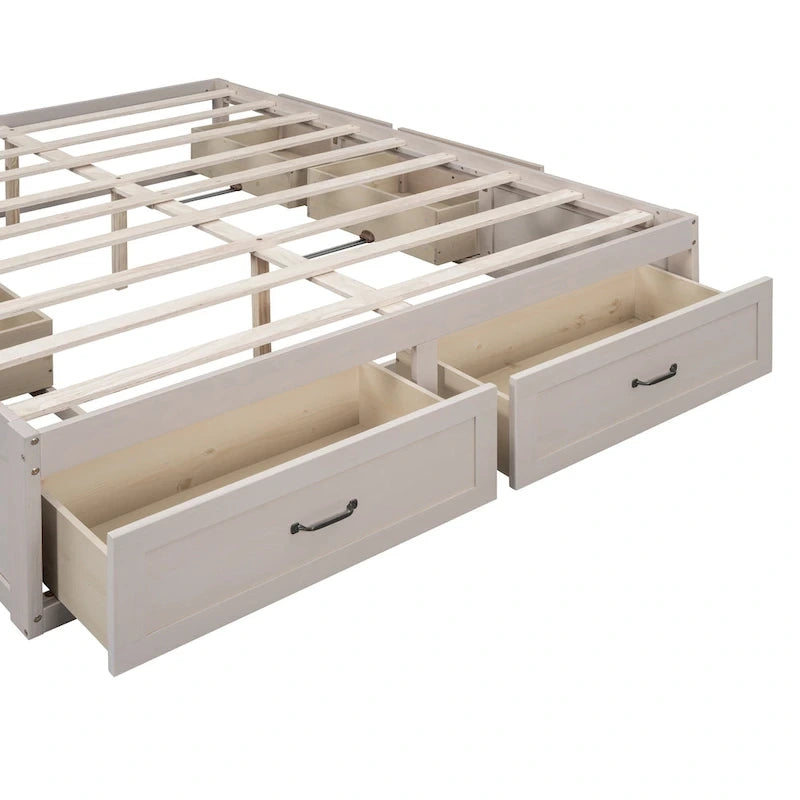 Lit plateforme Queen avec 6 tiroirs de rangement sans tête de lit LVL+MDF 650 lb Minimaliste Moderne Gris Antique Blanc Naturel
