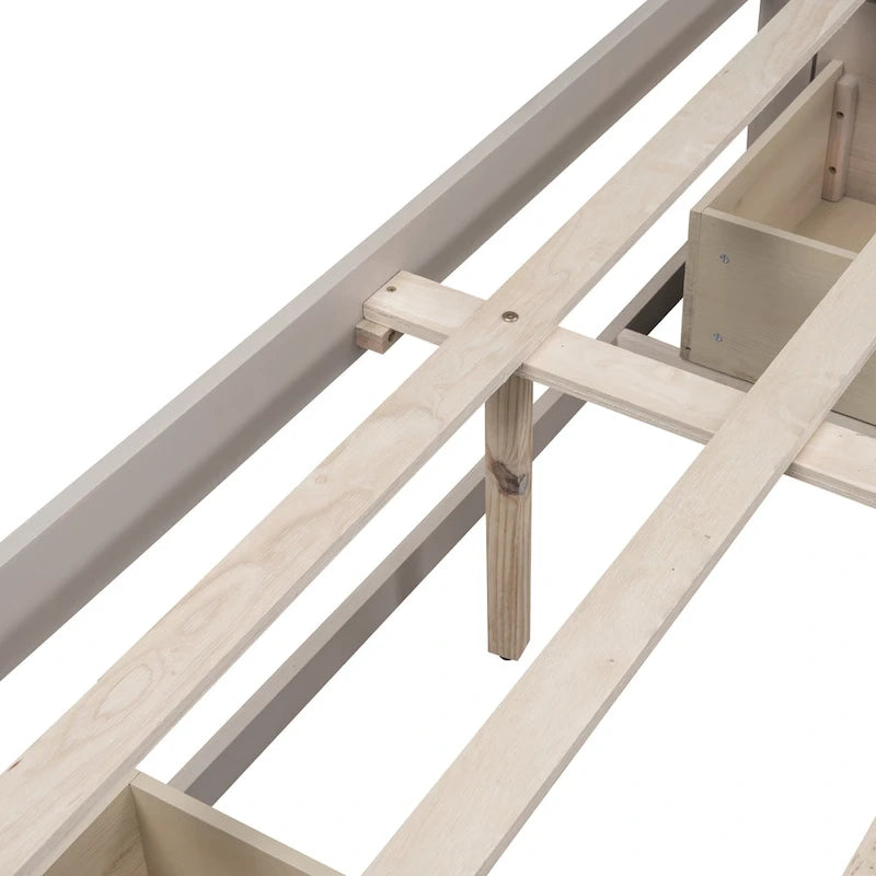 Lit plateforme Queen avec 6 tiroirs de rangement sans tête de lit LVL+MDF 650 lb Minimaliste Moderne Gris Antique Blanc Naturel