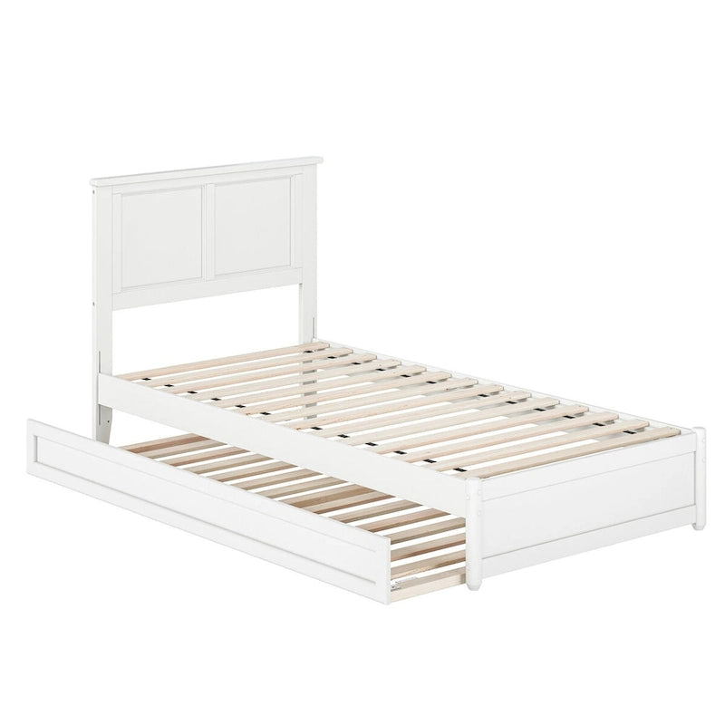 Lit plateforme avec tête et pied de lit panneau, lit gigogne simple XL, chargement USB, lattes en bois, double XL/grand lit/très grand lit, blanc noyer