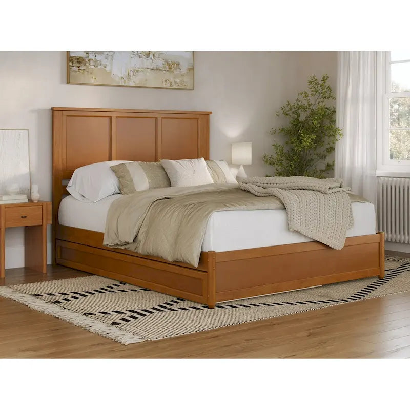 Lit plateforme avec tête et pied de lit panneau, lit gigogne simple XL, chargement USB, lattes en bois, double XL/grand lit/très grand lit, blanc noyer
