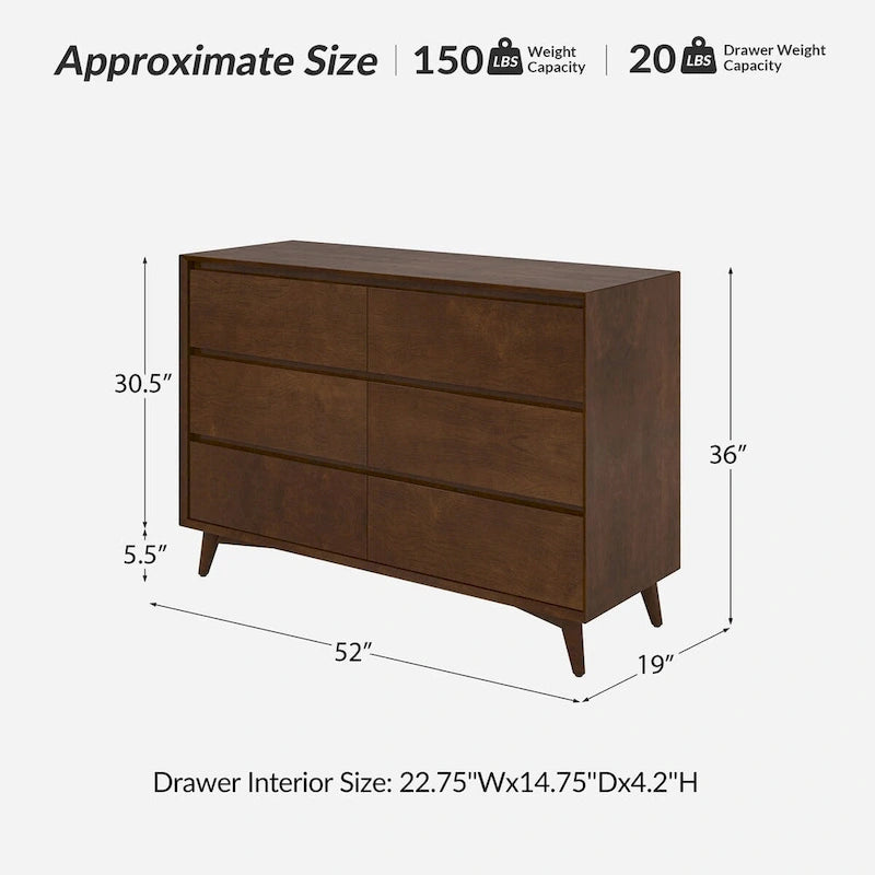 Commode de chambre d'enfant 6 tiroirs, style Mid-Century, pieds en bois massif, kit anti-basculement, séparateurs internes, pieds réglables, finition noyer acorn