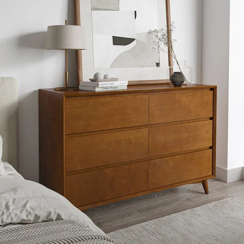 Commode de chambre d'enfant 6 tiroirs, style Mid-Century, pieds en bois massif, kit anti-basculement, séparateurs internes, pieds réglables, finition noyer acorn