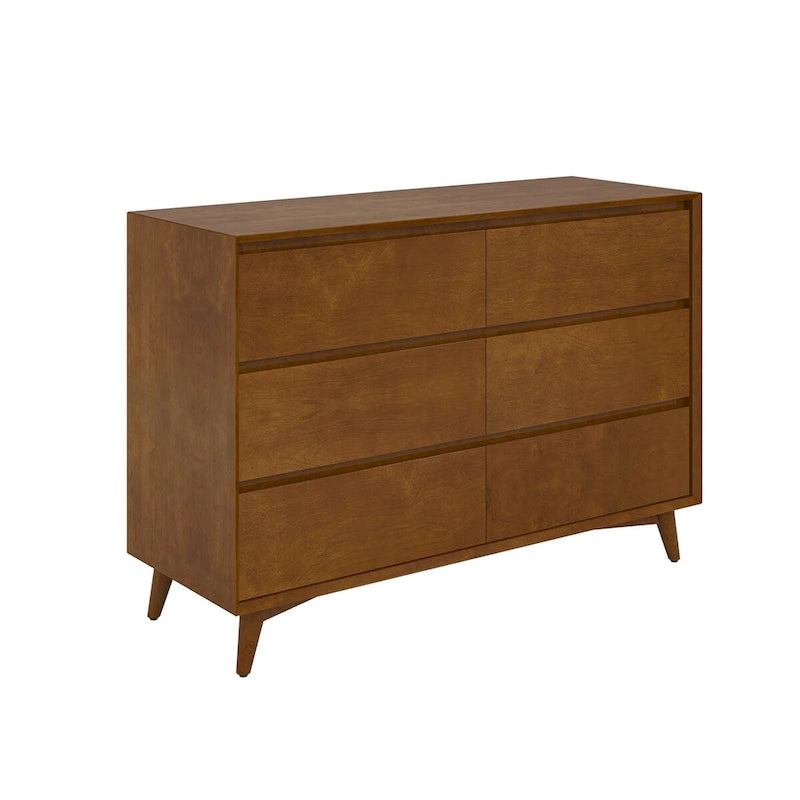 Commode de chambre d'enfant 6 tiroirs, style Mid-Century, pieds en bois massif, kit anti-basculement, séparateurs internes, pieds réglables, finition noyer acorn