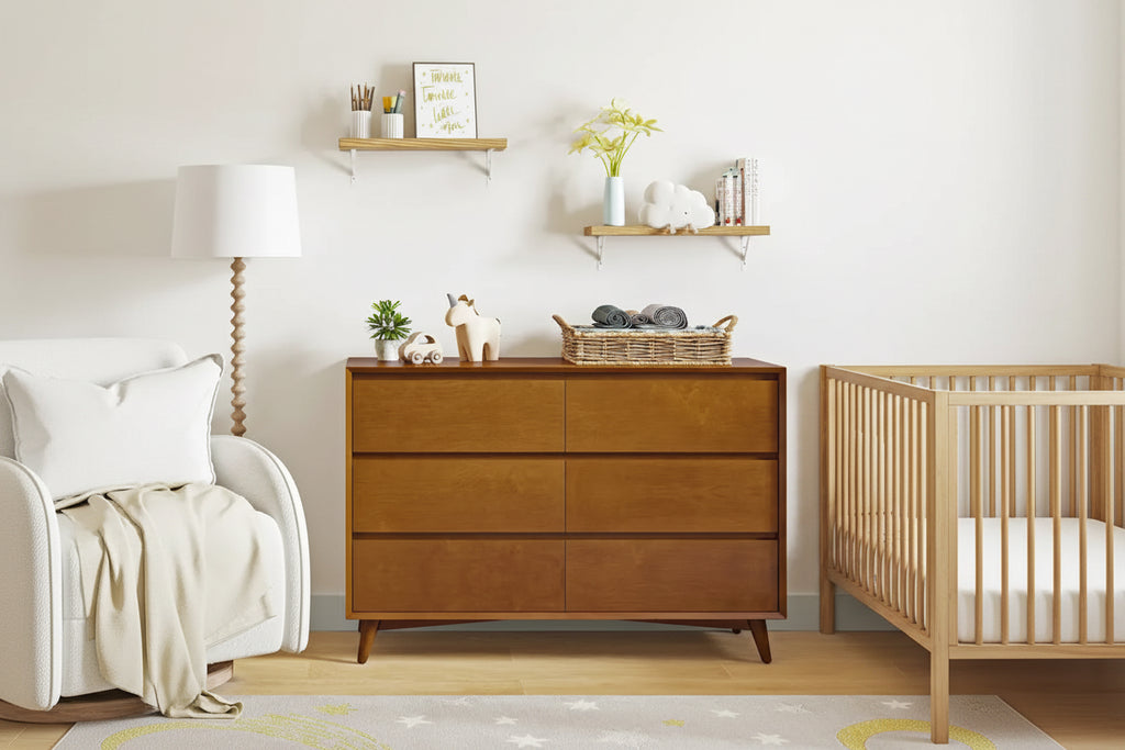 Commode de chambre d'enfant 6 tiroirs, style Mid-Century, pieds en bois massif, kit anti-basculement, séparateurs internes, pieds réglables, finition noyer acorn