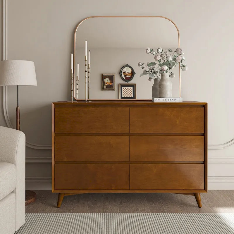 Commode de chambre d'enfant 6 tiroirs, style Mid-Century, pieds en bois massif, kit anti-basculement, séparateurs internes, pieds réglables, finition noyer acorn