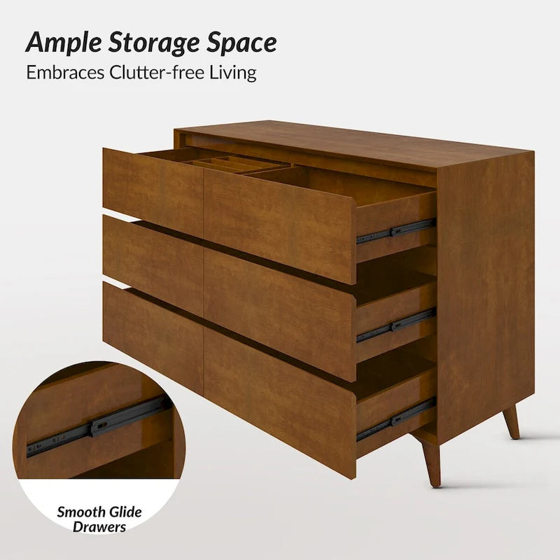 Commode de chambre d'enfant 6 tiroirs, style Mid-Century, pieds en bois massif, kit anti-basculement, séparateurs internes, pieds réglables, finition noyer acorn