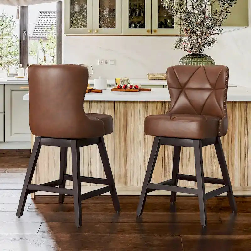 Lot de 2 tabourets de bar pivotants de 66 cm, similicuir, clous décoratifs, pieds en bois d'hévéa, pivotant à 360°, 7 coloris