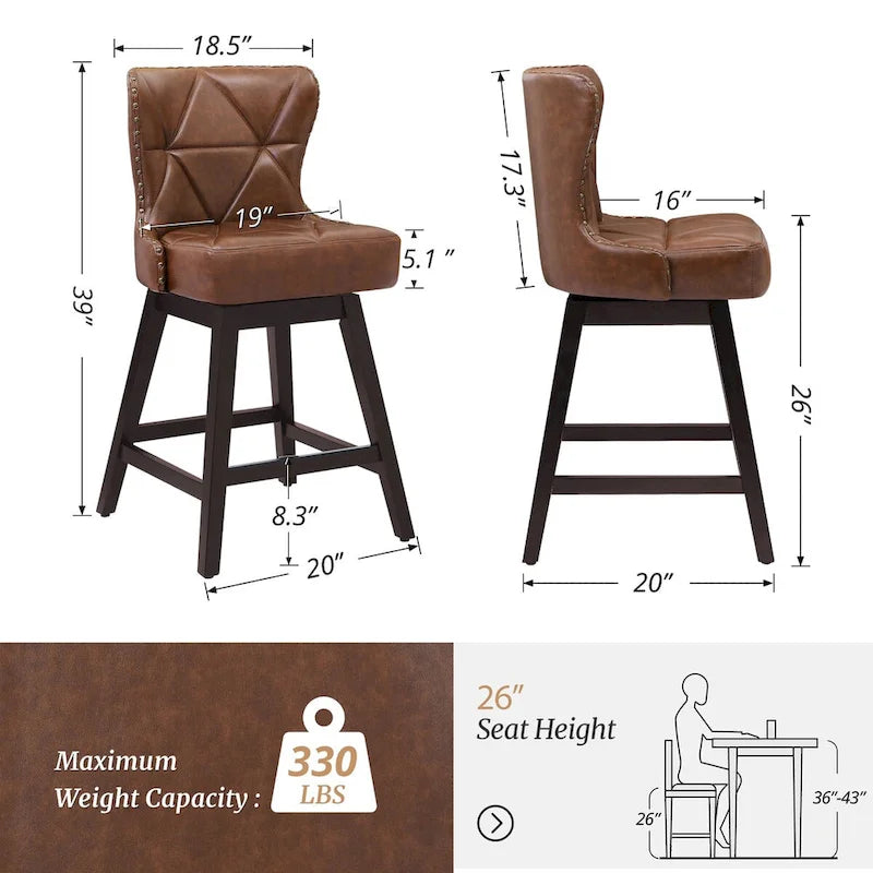 Lot de 2 tabourets de bar pivotants de 66 cm, similicuir, clous décoratifs, pieds en bois d'hévéa, pivotant à 360°, 7 coloris