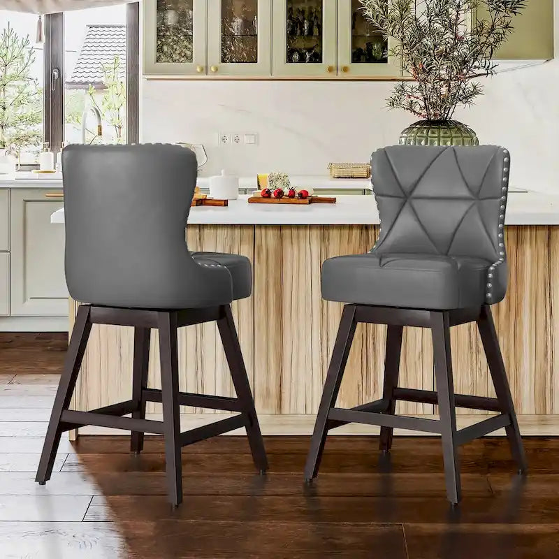 Lot de 2 tabourets de bar pivotants de 66 cm, similicuir, clous décoratifs, pieds en bois d'hévéa, pivotant à 360°, 7 coloris