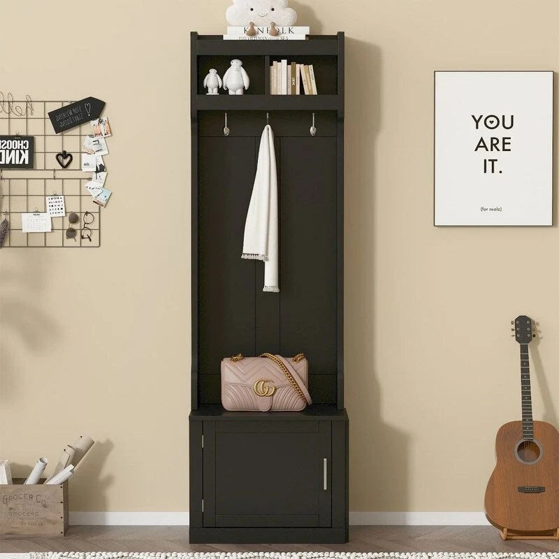 Meuble d'entrée fin avec armoire et 6 crochets, panneau de particules, 59,9 cm L x 199,9 cm H, 98,9 kg, Noir/Blanc