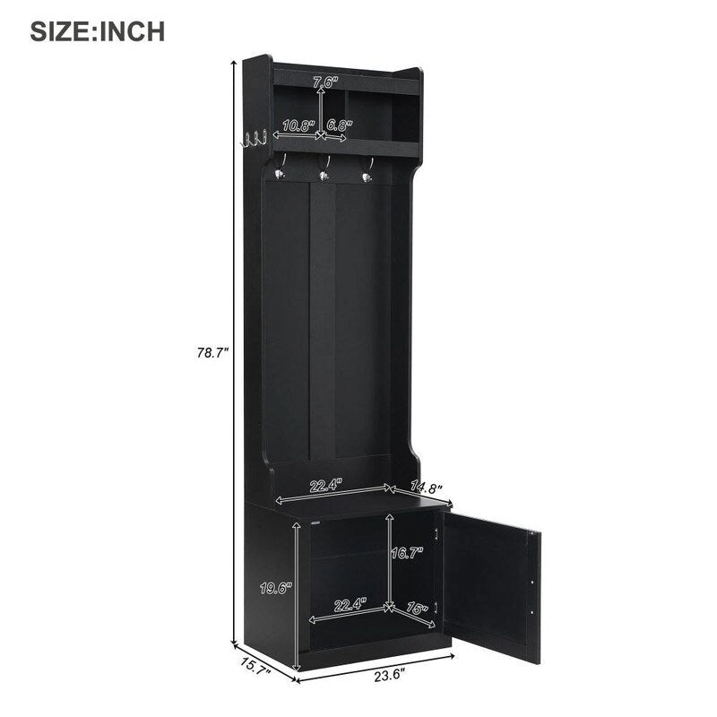 Meuble d'entrée fin avec armoire et 6 crochets, panneau de particules, 59,9 cm L x 199,9 cm H, 98,9 kg, Noir/Blanc