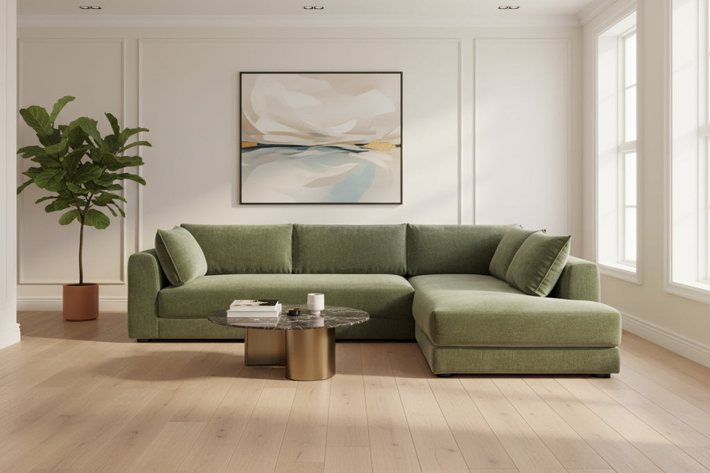 Canapé d'angle en L avec méridienne, cadre en bois dur séché au four, mousse haute résilience, 310 cm de large, orientation gauche/droite