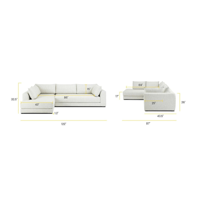 Canapé d'angle en L avec méridienne, cadre en bois dur séché au four, mousse haute résilience, 310 cm de large, orientation gauche/droite