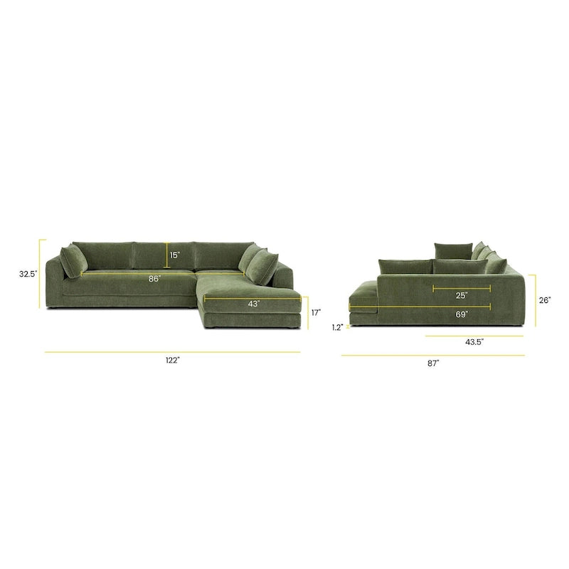 Canapé d'angle en L avec méridienne, cadre en bois dur séché au four, mousse haute résilience, 310 cm de large, orientation gauche/droite