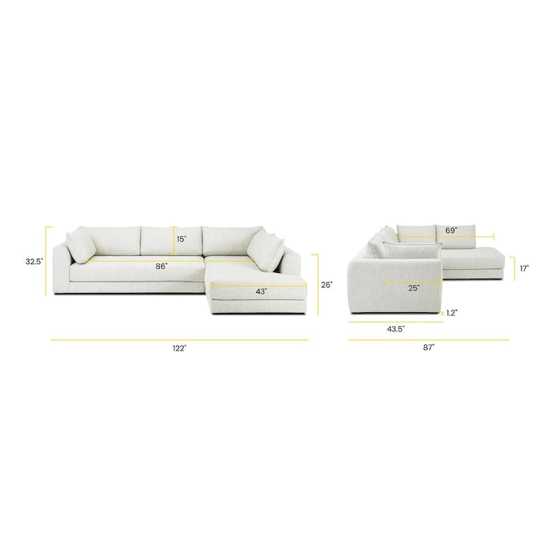 Canapé d'angle en L avec méridienne, cadre en bois dur séché au four, mousse haute résilience, 310 cm de large, orientation gauche/droite