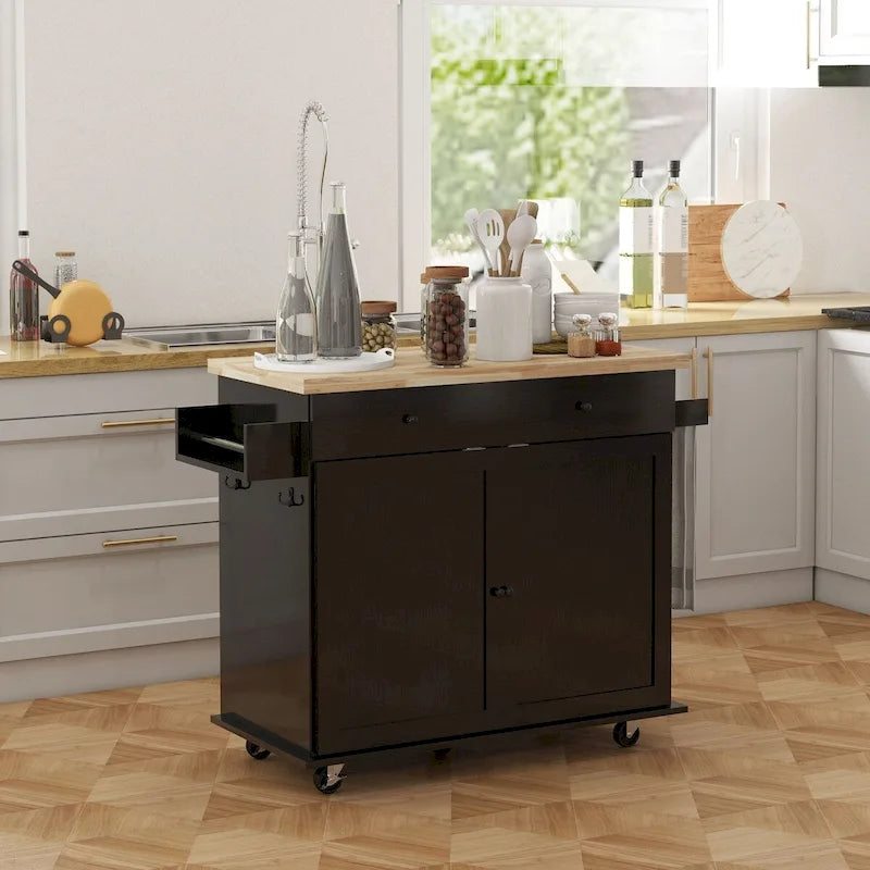Îlot de cuisine roulant Chariot Dessus en hévéa Tiroir 2 armoires Porte-épices Roues verrouillables Style ferme Blanc Noir