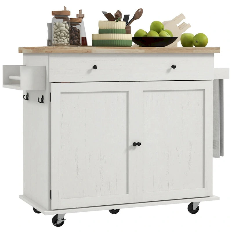 Îlot de cuisine roulant Chariot Dessus en hévéa Tiroir 2 armoires Porte-épices Roues verrouillables Style ferme Blanc Noir