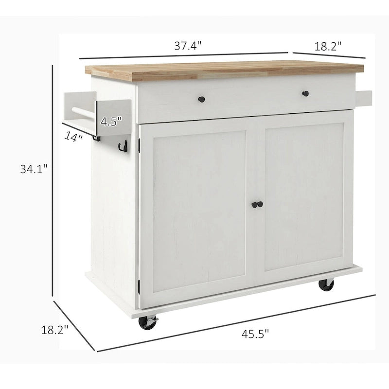 Îlot de cuisine roulant Chariot Dessus en hévéa Tiroir 2 armoires Porte-épices Roues verrouillables Style ferme Blanc Noir
