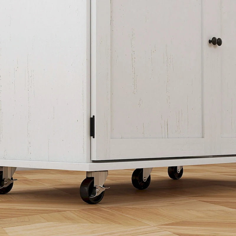 Îlot de cuisine roulant Chariot Dessus en hévéa Tiroir 2 armoires Porte-épices Roues verrouillables Style ferme Blanc Noir