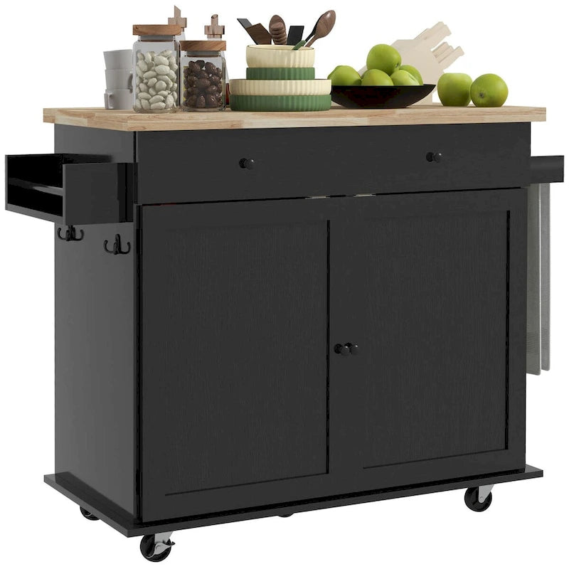 Îlot de cuisine roulant Chariot Dessus en hévéa Tiroir 2 armoires Porte-épices Roues verrouillables Style ferme Blanc Noir