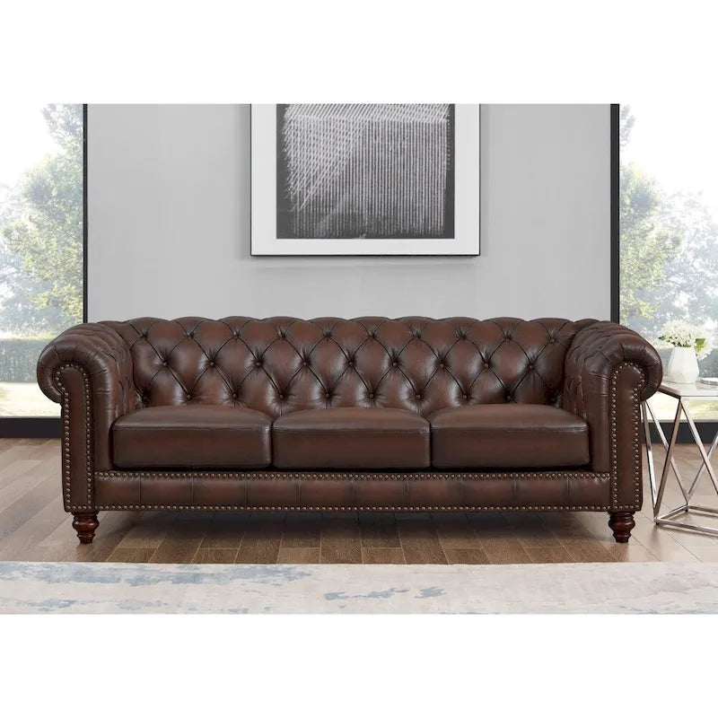 Ensemble de salon Chesterfield 3 pièces en cuir pleine fleur, capitonnage en losanges, ressorts ensachés en duvet d'oie, bois massif, brun caramel