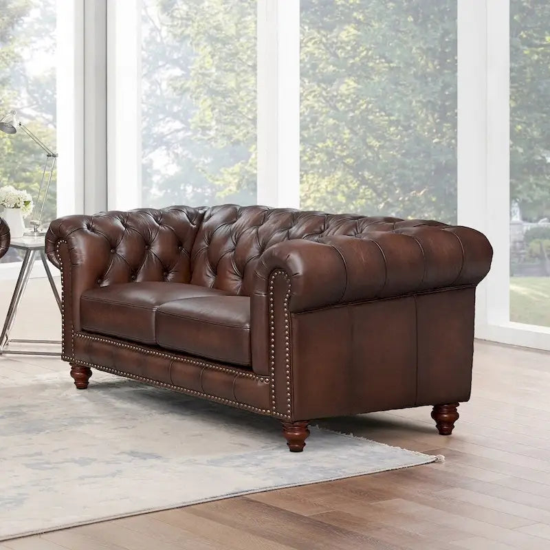 Ensemble de salon Chesterfield 3 pièces en cuir pleine fleur, capitonnage en losanges, ressorts ensachés en duvet d'oie, bois massif, brun caramel