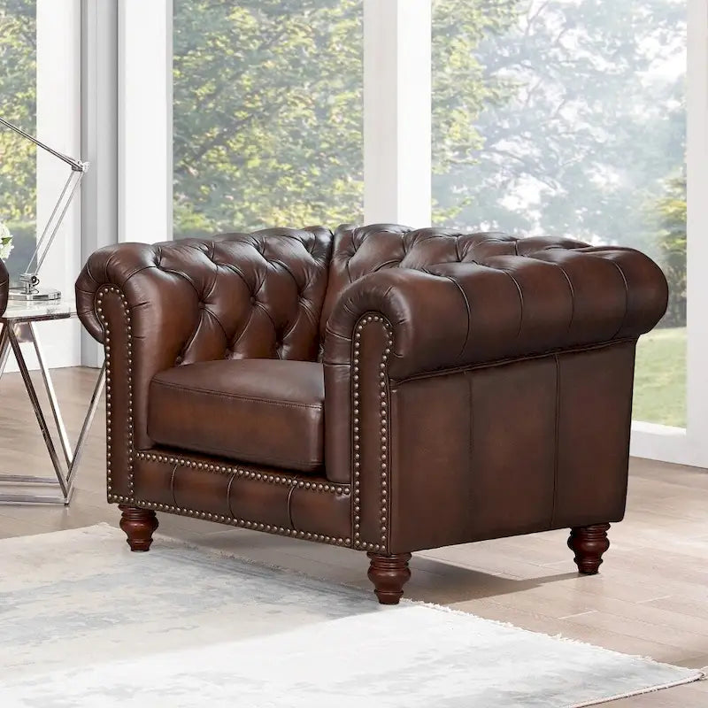 Ensemble de salon Chesterfield 3 pièces en cuir pleine fleur, capitonnage en losanges, ressorts ensachés en duvet d'oie, bois massif, brun caramel