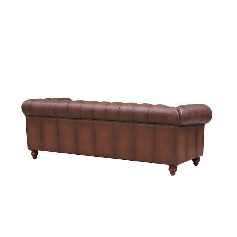 Ensemble de salon Chesterfield 3 pièces en cuir pleine fleur, capitonnage en losanges, ressorts ensachés en duvet d'oie, bois massif, brun caramel