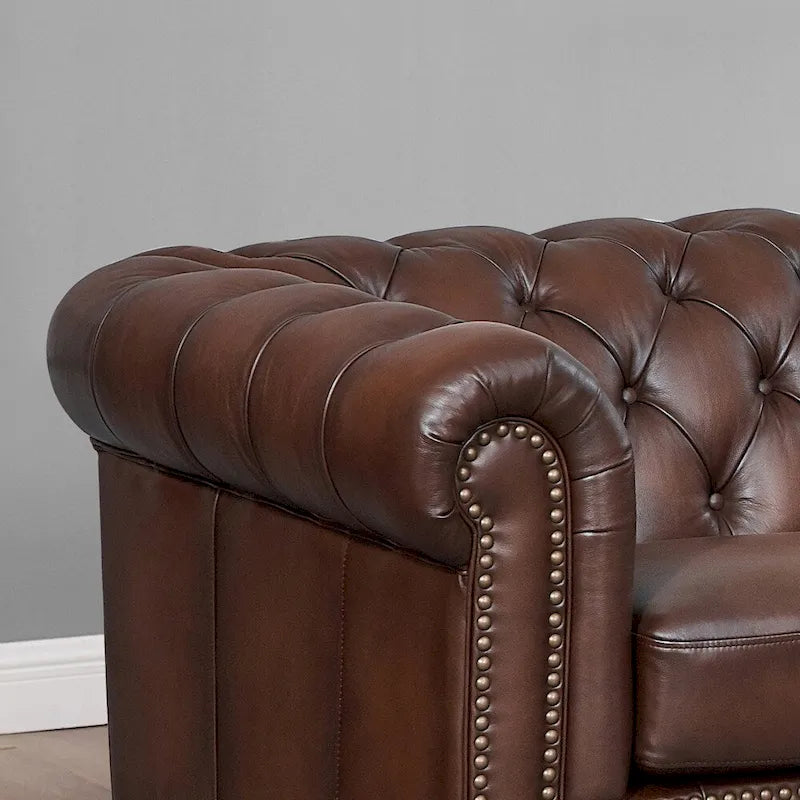 Ensemble de salon Chesterfield 3 pièces en cuir pleine fleur, capitonnage en losanges, ressorts ensachés en duvet d'oie, bois massif, brun caramel
