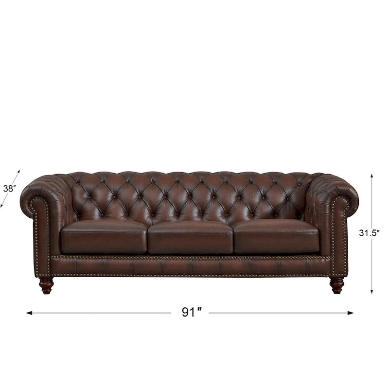 Ensemble de salon Chesterfield 3 pièces en cuir pleine fleur, capitonnage en losanges, ressorts ensachés en duvet d'oie, bois massif, brun caramel